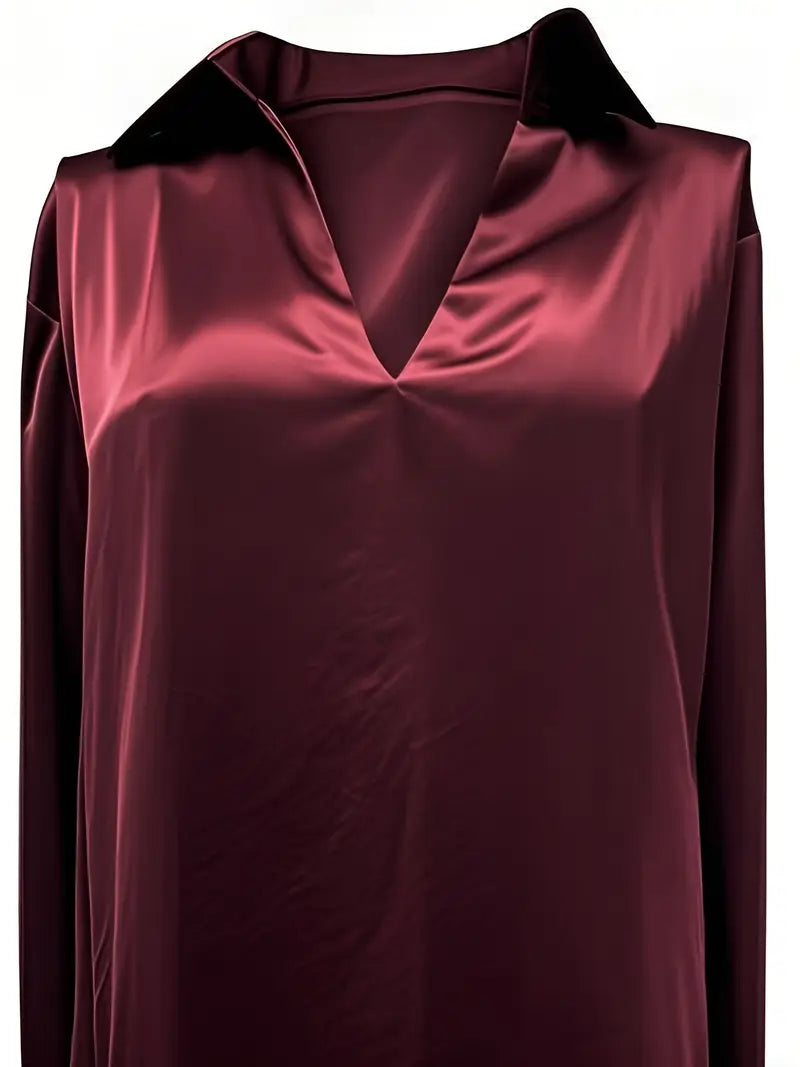 Collared Deep V-Neck Long Sleeve Satin Blouse 49