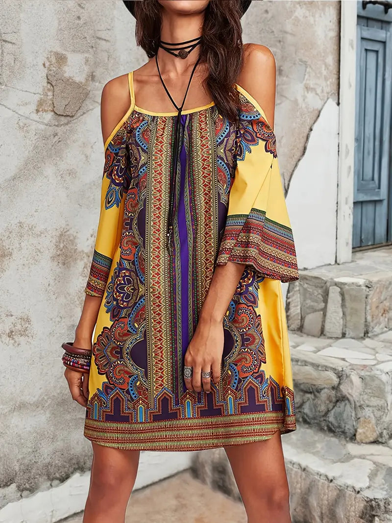 Cold Shoulder Spaghetti Strap Bell Sleeve Shift Mini Summer Dress - View 5