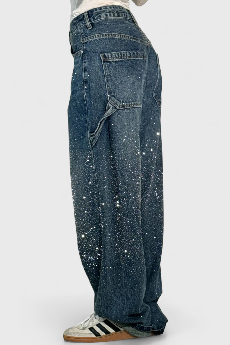 Rhinestone Embellished Wide Leg Cargo Jeans 3