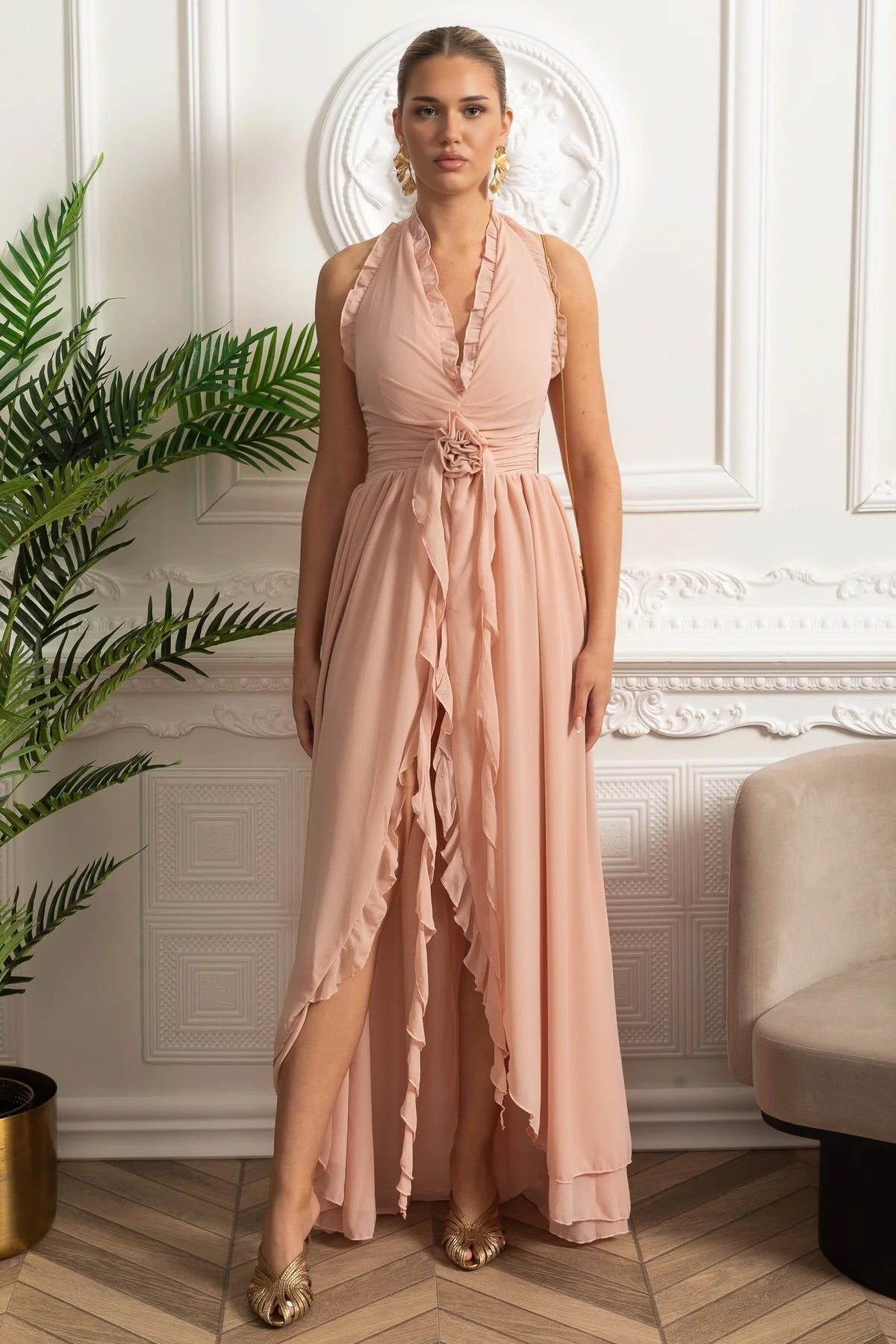 Ruffled Halter Maxi Dress with Rosette Tie Detail - Pink - View 2