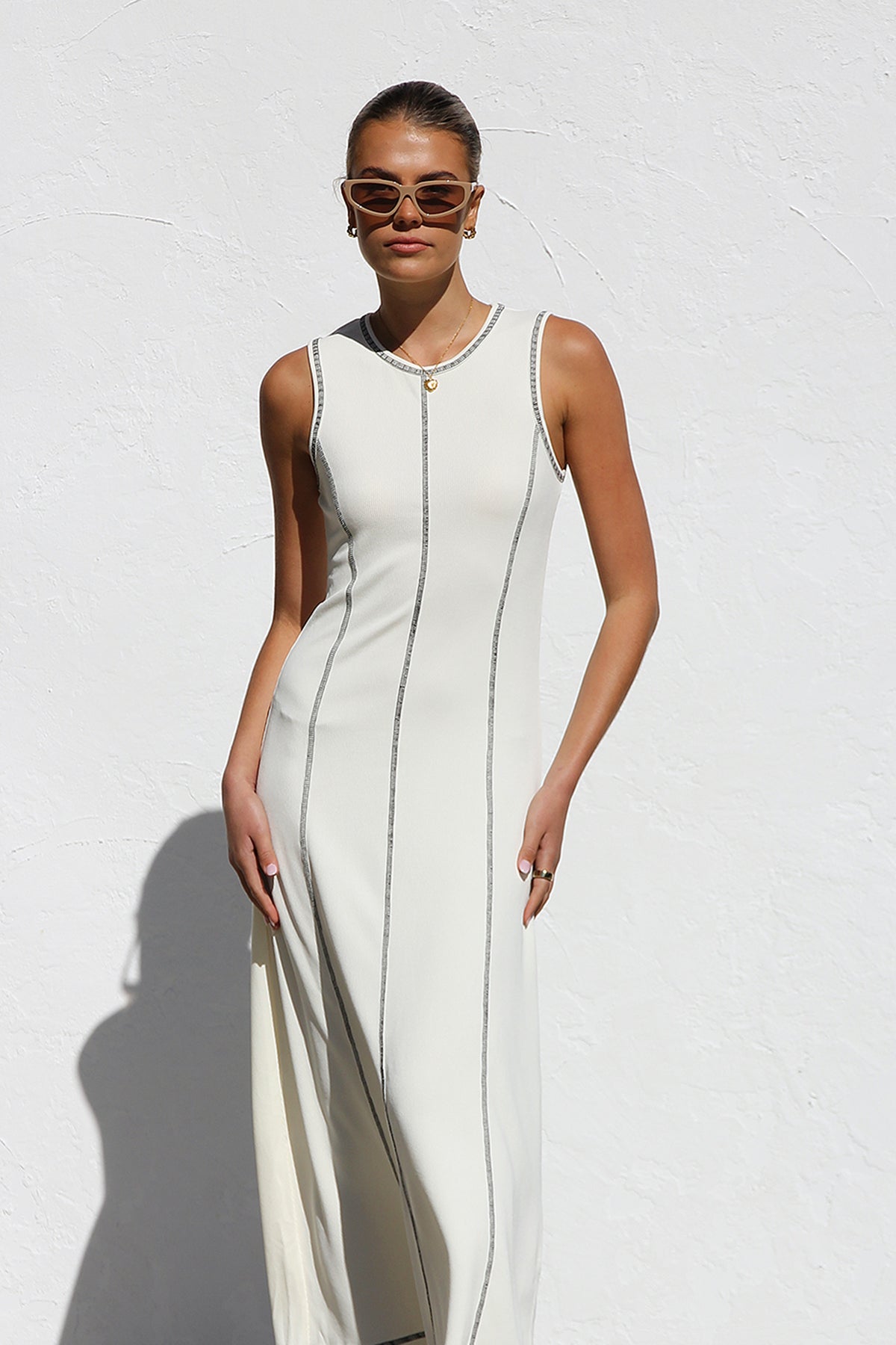 Ribbed Knit Sleeveless Crew Neck Contrast Stitch Column Maxi Dress - View 9