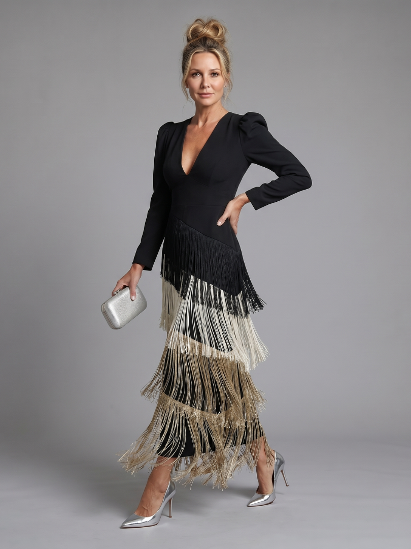 Deep V-Neck Long Sleeve Tiered Fringe Maxi Dress 6
