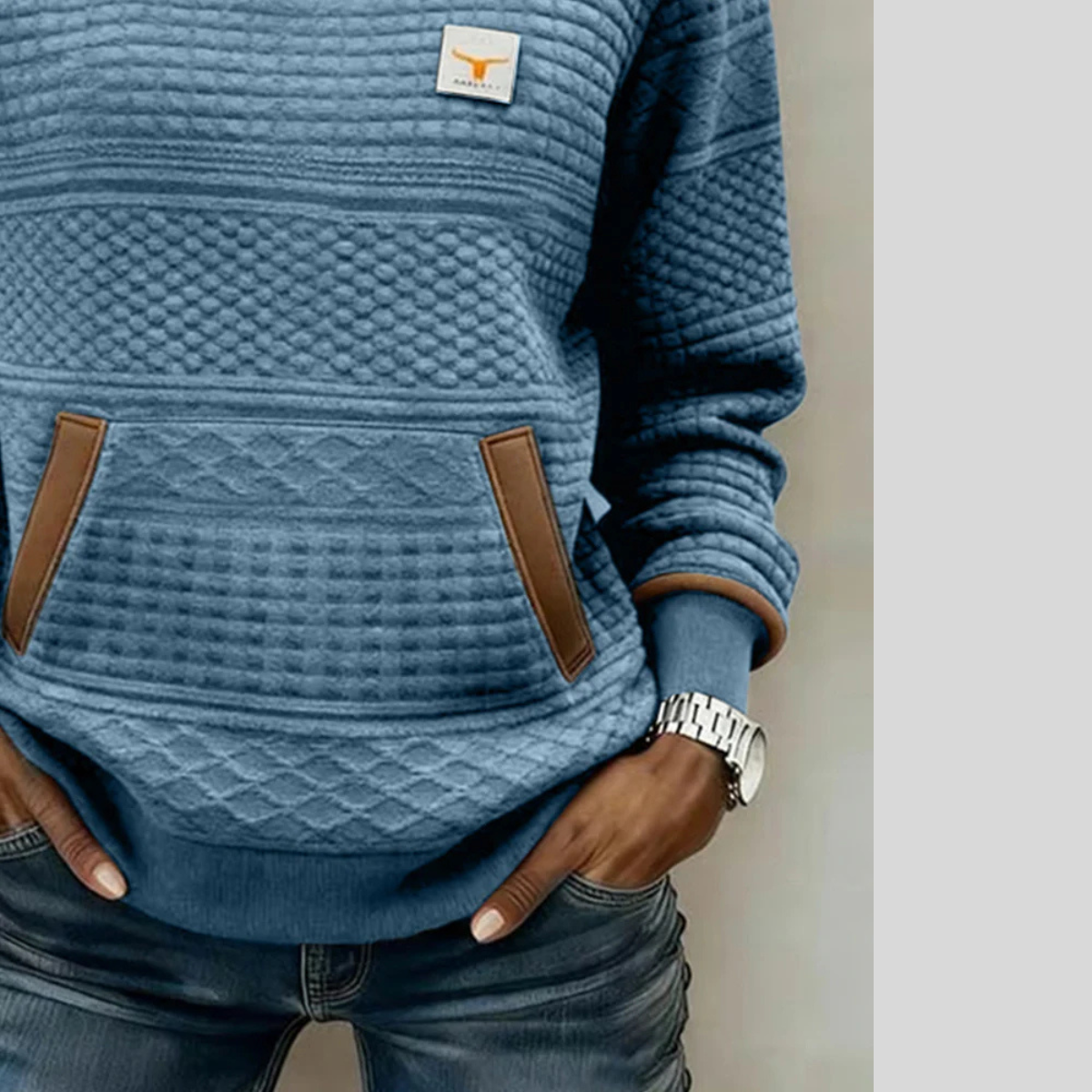 Quilted Crew Neck Kangaroo Pocket Sweatshirt 9