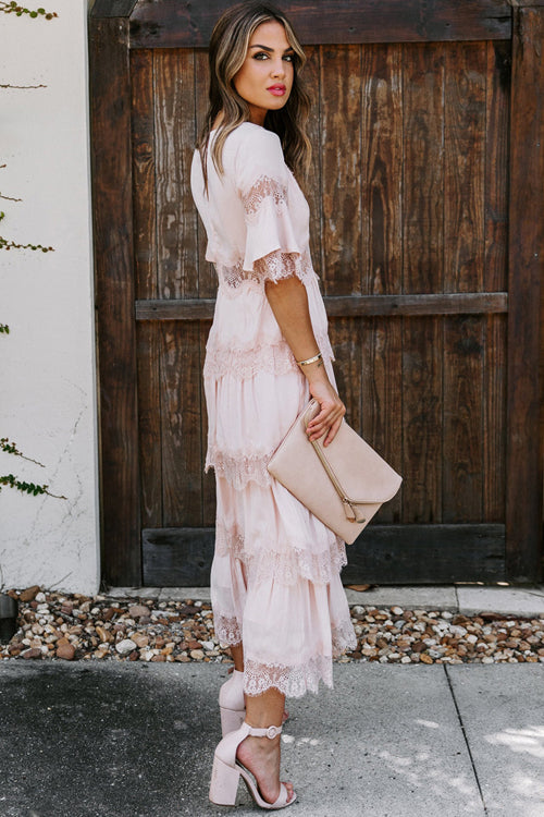 V-Neck Short Sleeve Lace Trim Tiered Boho Maxi Dress 7
