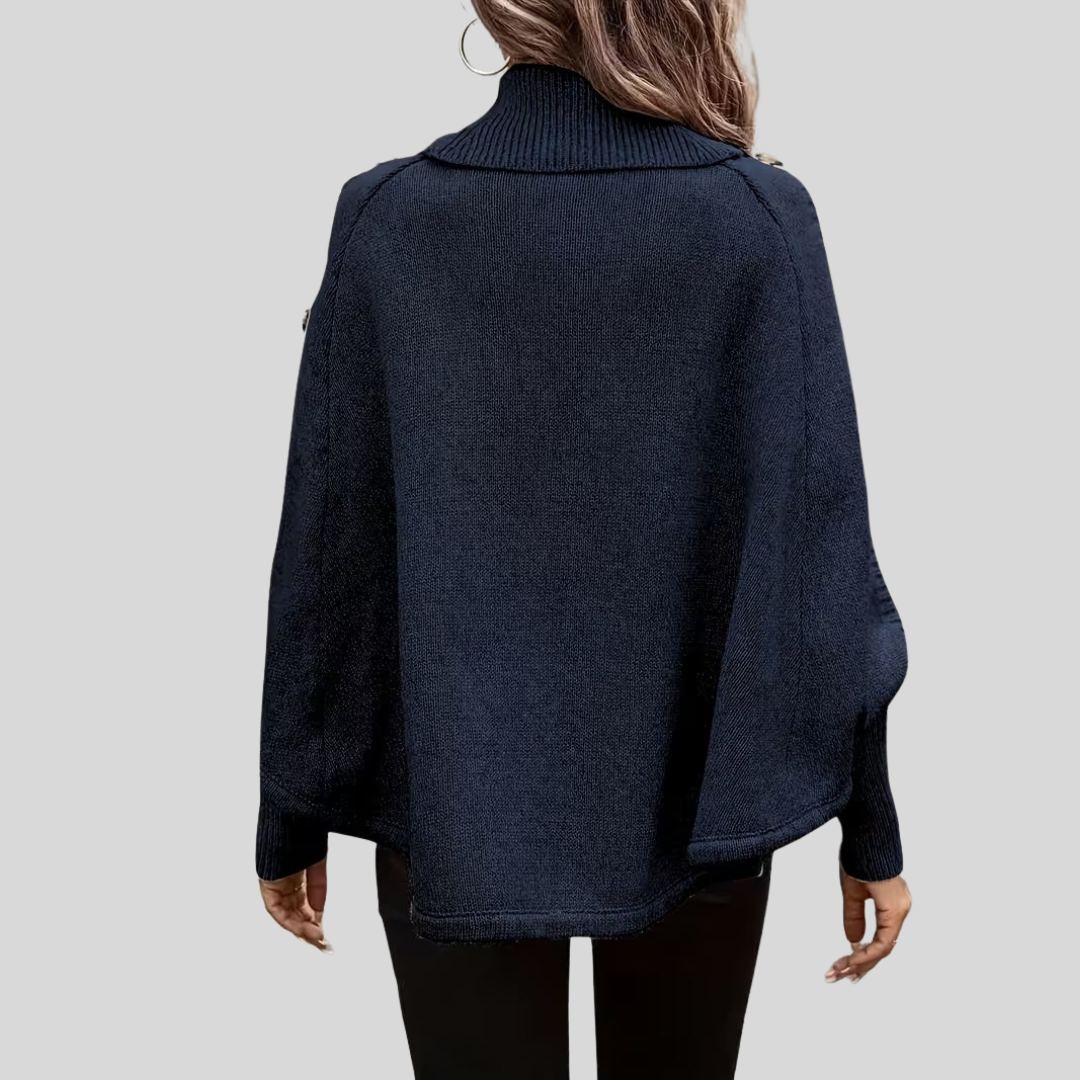 Turtleneck Cable Knit Button Trim Batwing Poncho Sweater 9