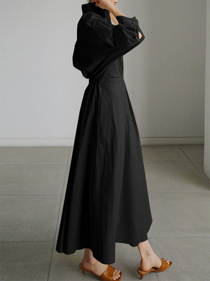 Collared Long Sleeve Pleated Waist A-Line Maxi Shirt Dress 6