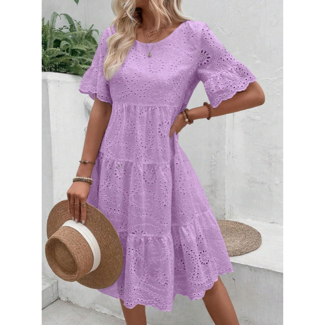 Broderie Eyelet Round Neck Flutter Sleeve Tiered Mini Dress 9