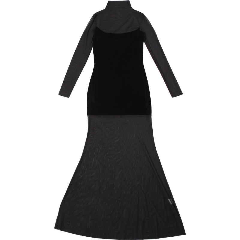 Velvet Crush Mesh Panel Mock Neck Long Sleeve Maxi Gown - View 9