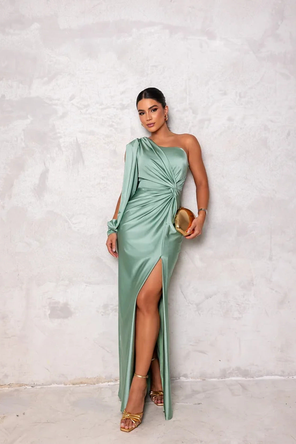 Satin One Shoulder Split Cape Long Sleeve Twist Waist Maxi Gown - View 5