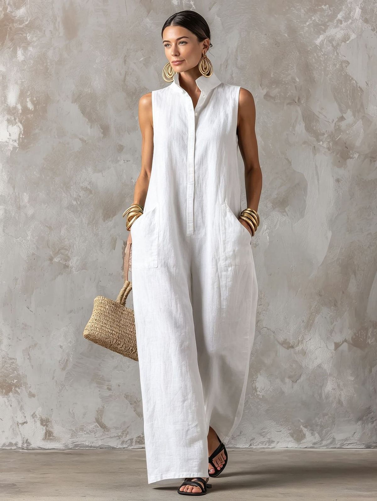 Sleeveless Stand Collar Button Front Wide Leg Jumpsuit with Pockets 9