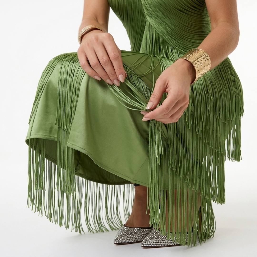 Tiered Fringe Halter Neck High Split Maxi Dress 4