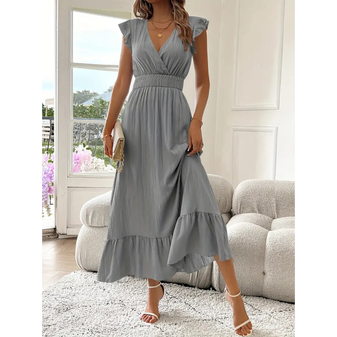 V-Neck Flutter Sleeve Shirred Waist Tiered Maxi Dress 9
