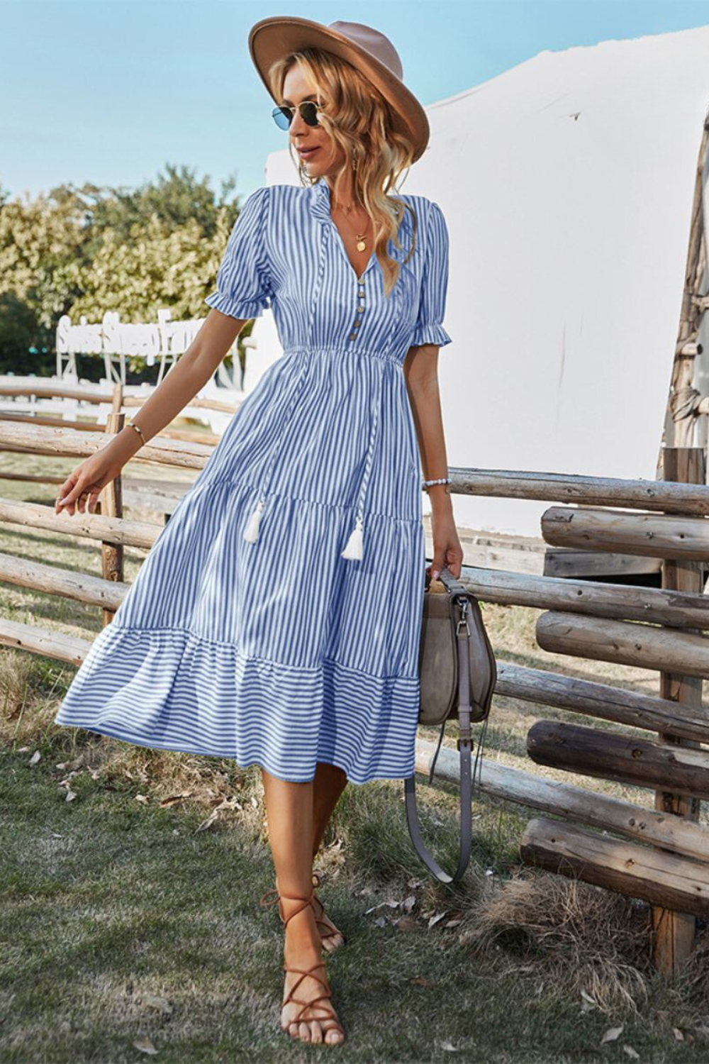 Stripe Print Tiered Drawstring Waist Puff Sleeve Midi Dress