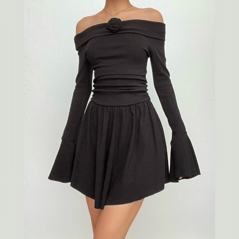 Flower Applique Off Shoulder Long Sleeve Fit and Flare Mini Dress