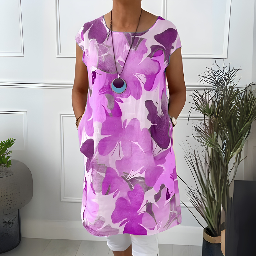 Watercolor Floral Round Neck Short Sleeve Tunic Dress 9