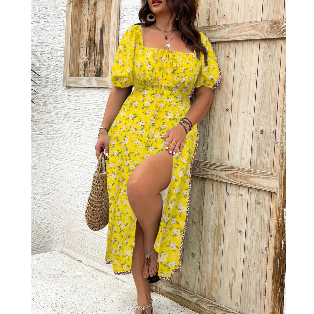 Ditsy Floral Square Neck Puff Sleeve High Split Maxi Dress 9