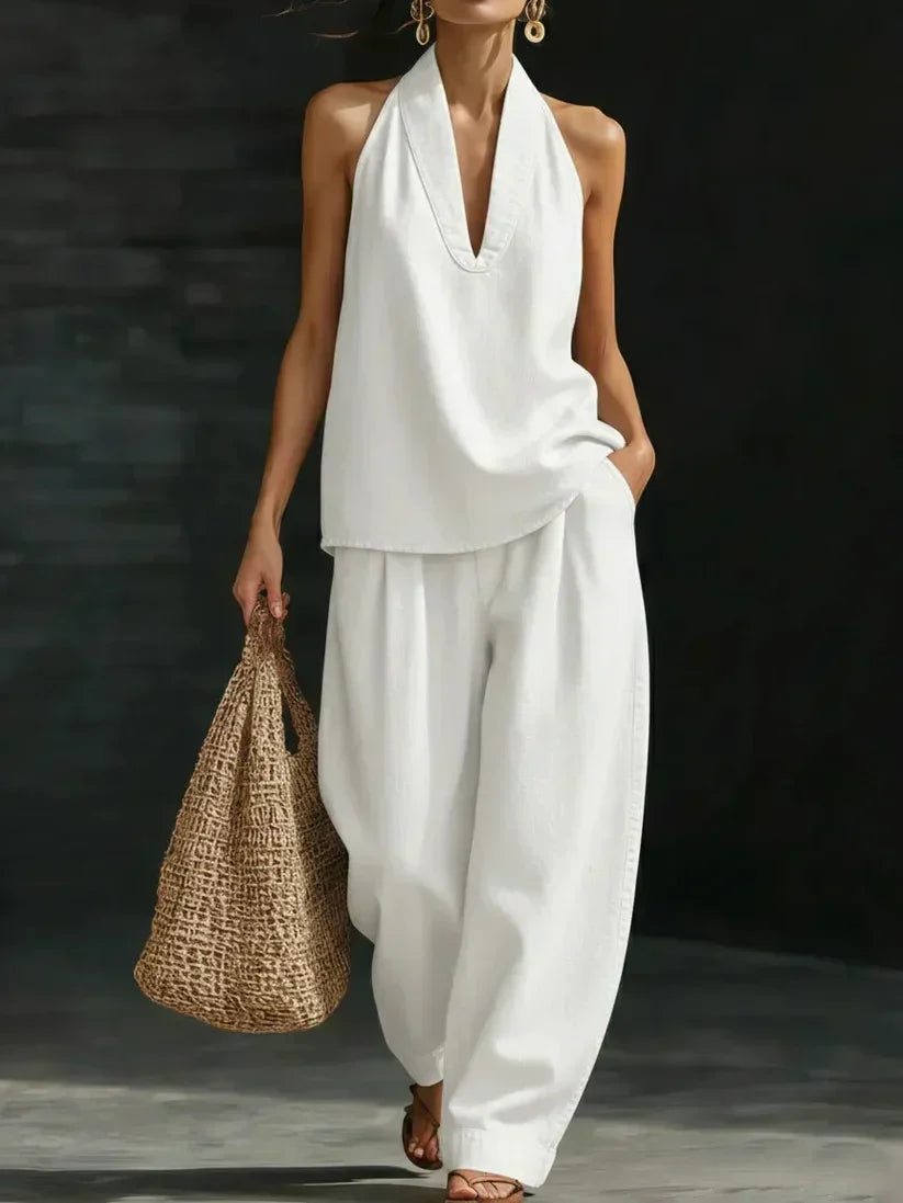 Denim Look Halter Deep V-Neck Top and Wide Leg Pants Two Piece Set 5