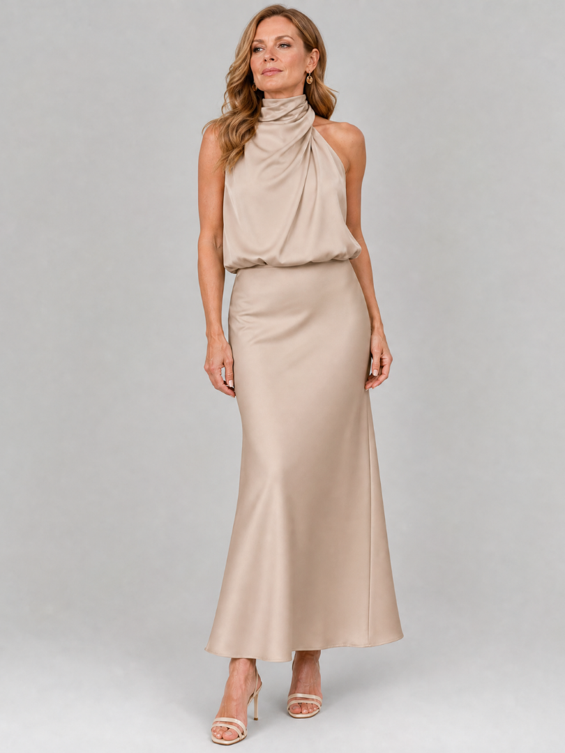 Satin Halter Neck Draped Maxi Dress 12