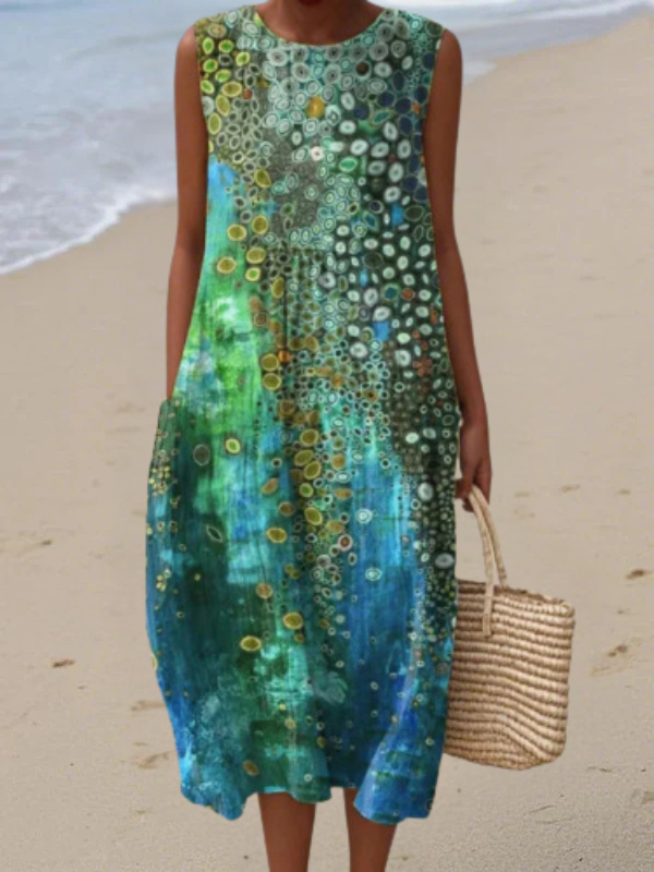 Round Neck Sleeveless Abstract Print Midi Dress