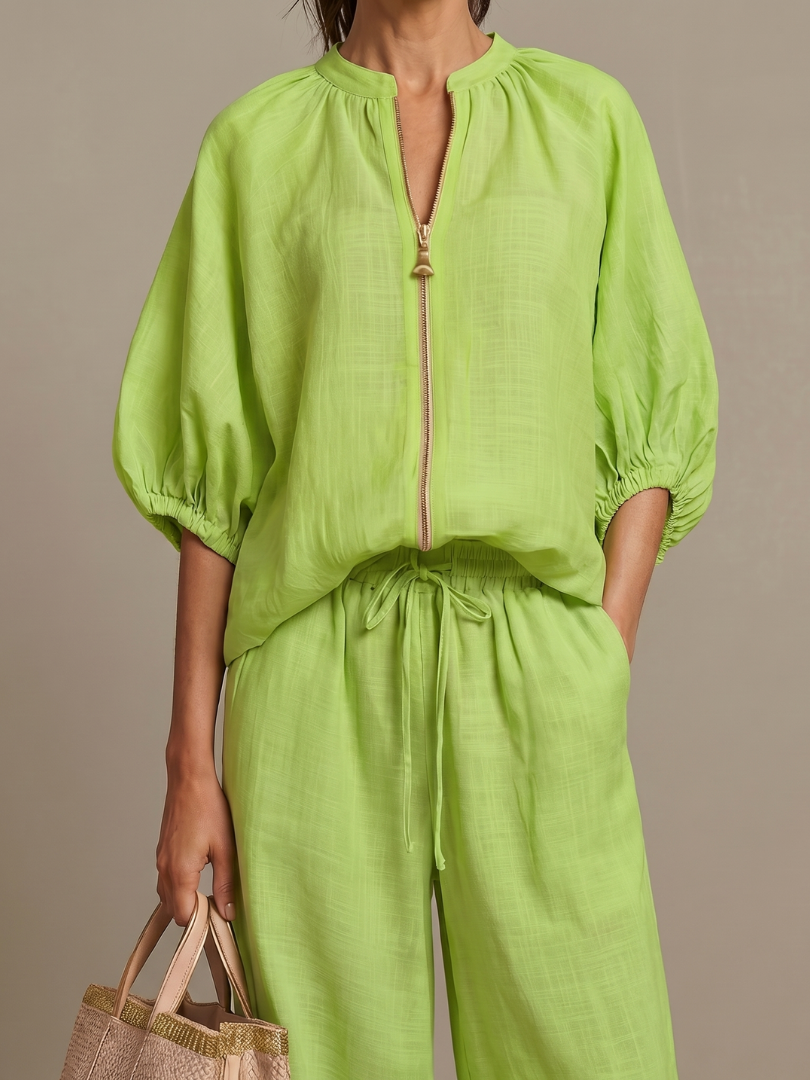 Puff Sleeve Zip Front Top and Wide Leg Pants Two Piece Set 7