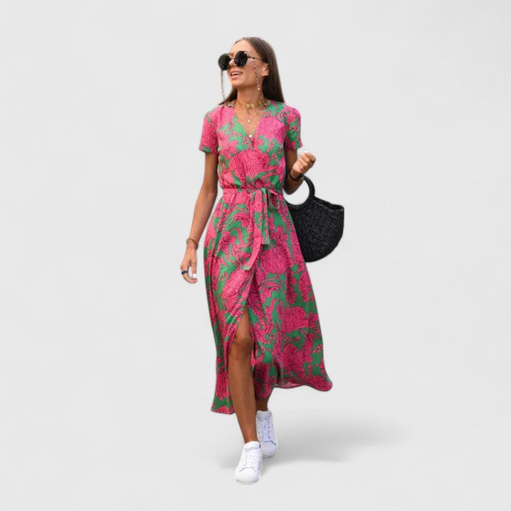 Floral Print Short Sleeve Belted Maxi Dress 7