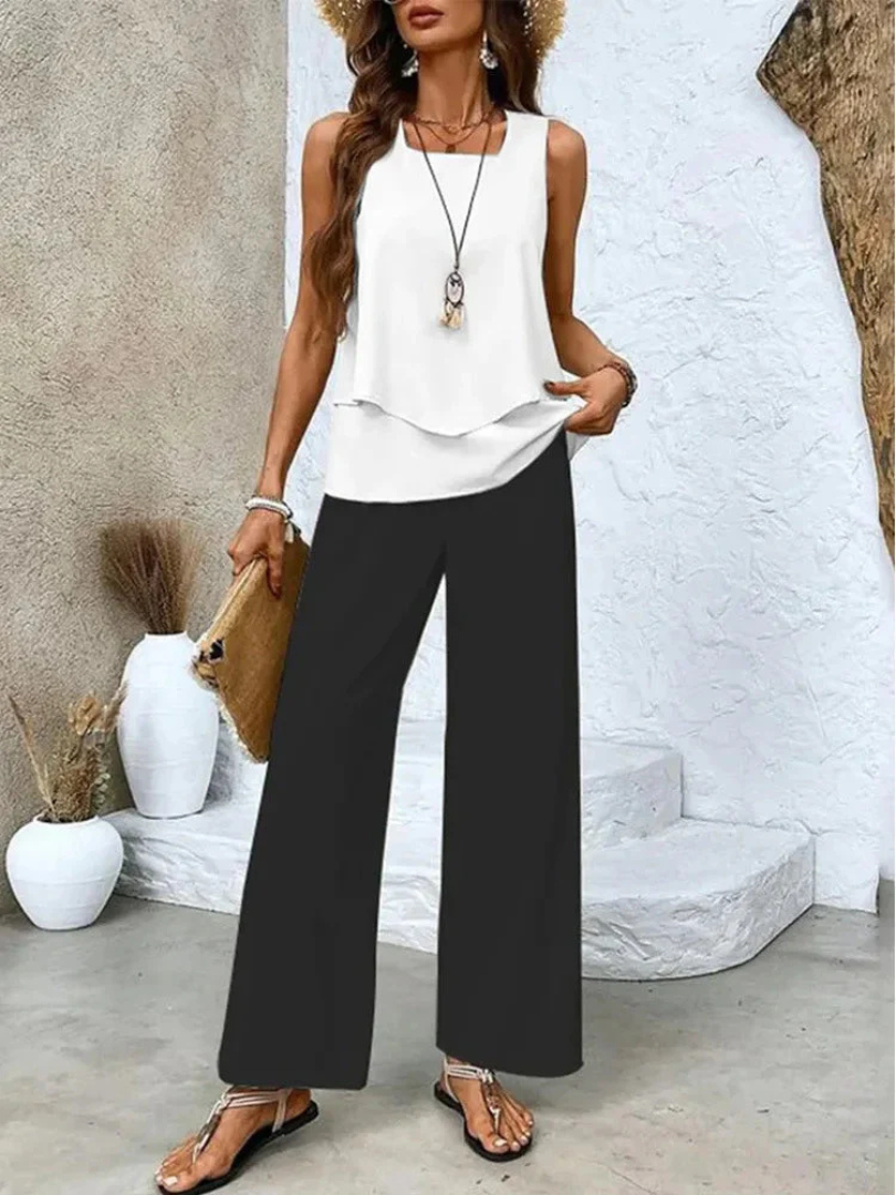 Sleeveless Layered Top and Floral Wide Leg Pants Two Piece Set 10