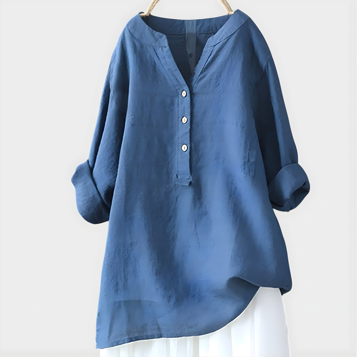 Band Collar Half Button Roll Sleeve Linen Blouse 10