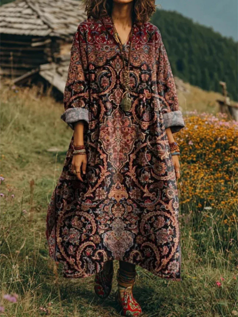 Paisley Floral Long Sleeve Round Neck Maxi Dress 9