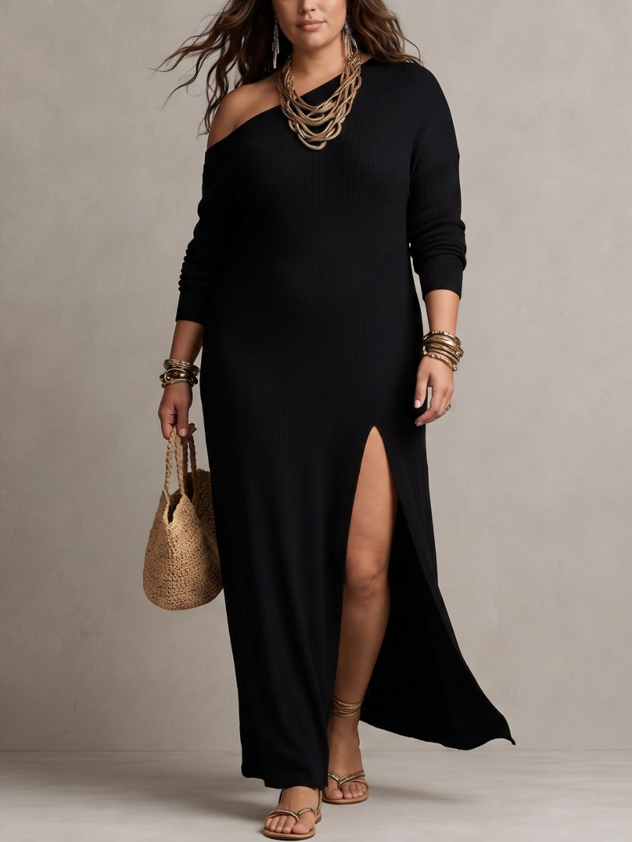 One Shoulder Long Sleeve Ribbed Knit High Split Maxi Dress 8