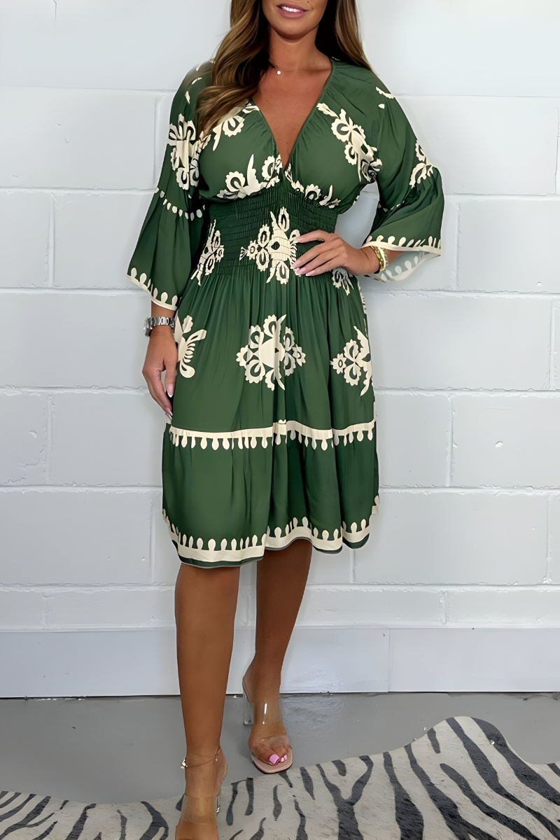 Folk Floral Print V-Neck Three Quarter Sleeve Tiered Midi Dress 9