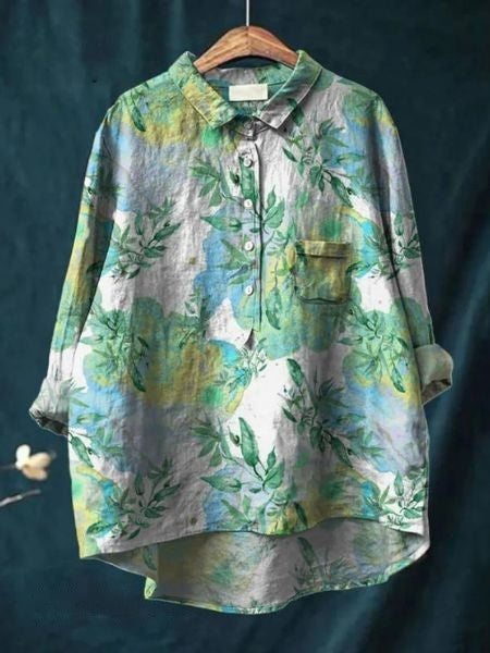 Watercolor Floral Print Long Sleeve Button Blouse 13
