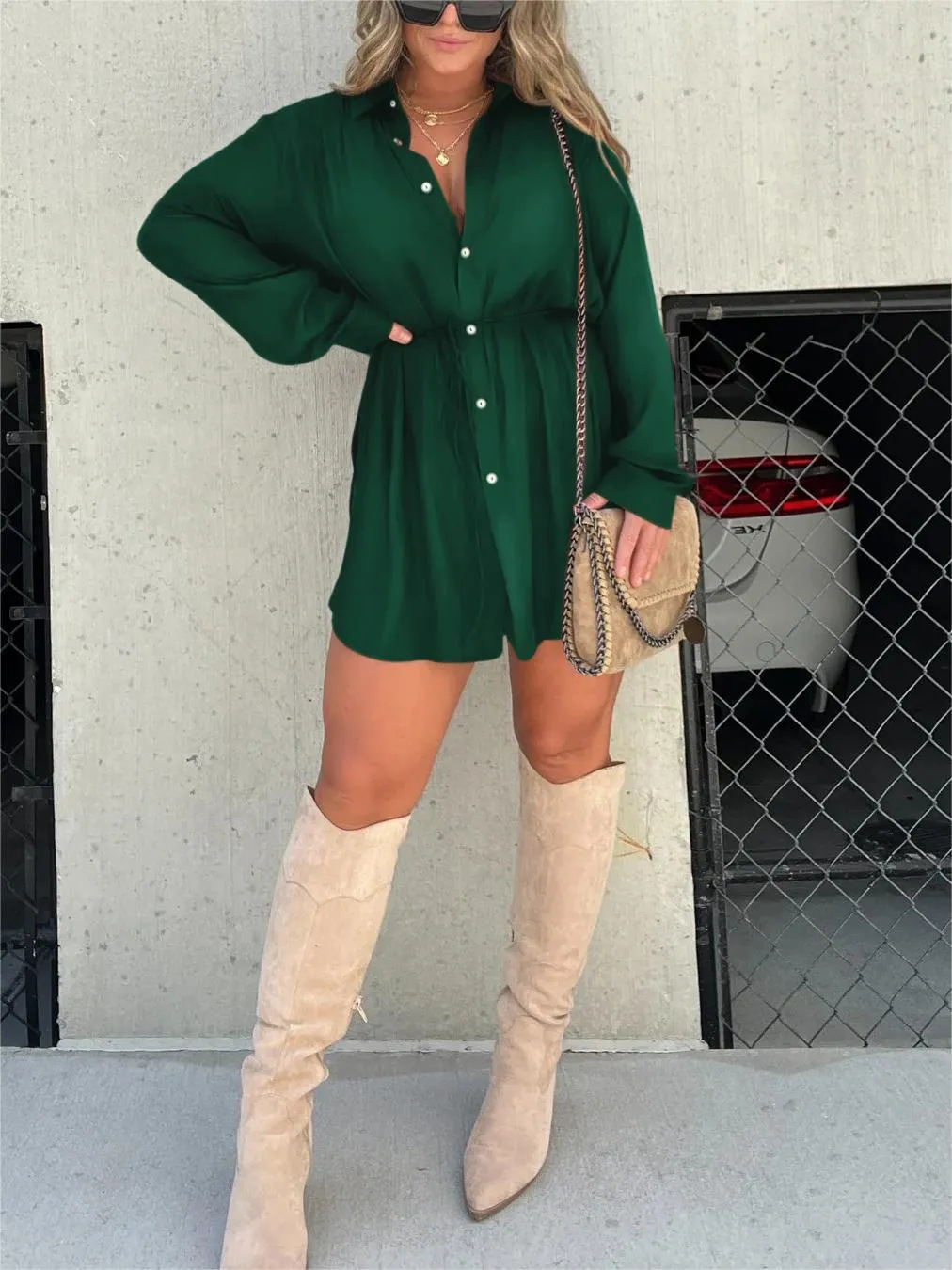 Satin Collared Button Front Long Sleeve Tie Waist Shirt Mini Dress - View 10