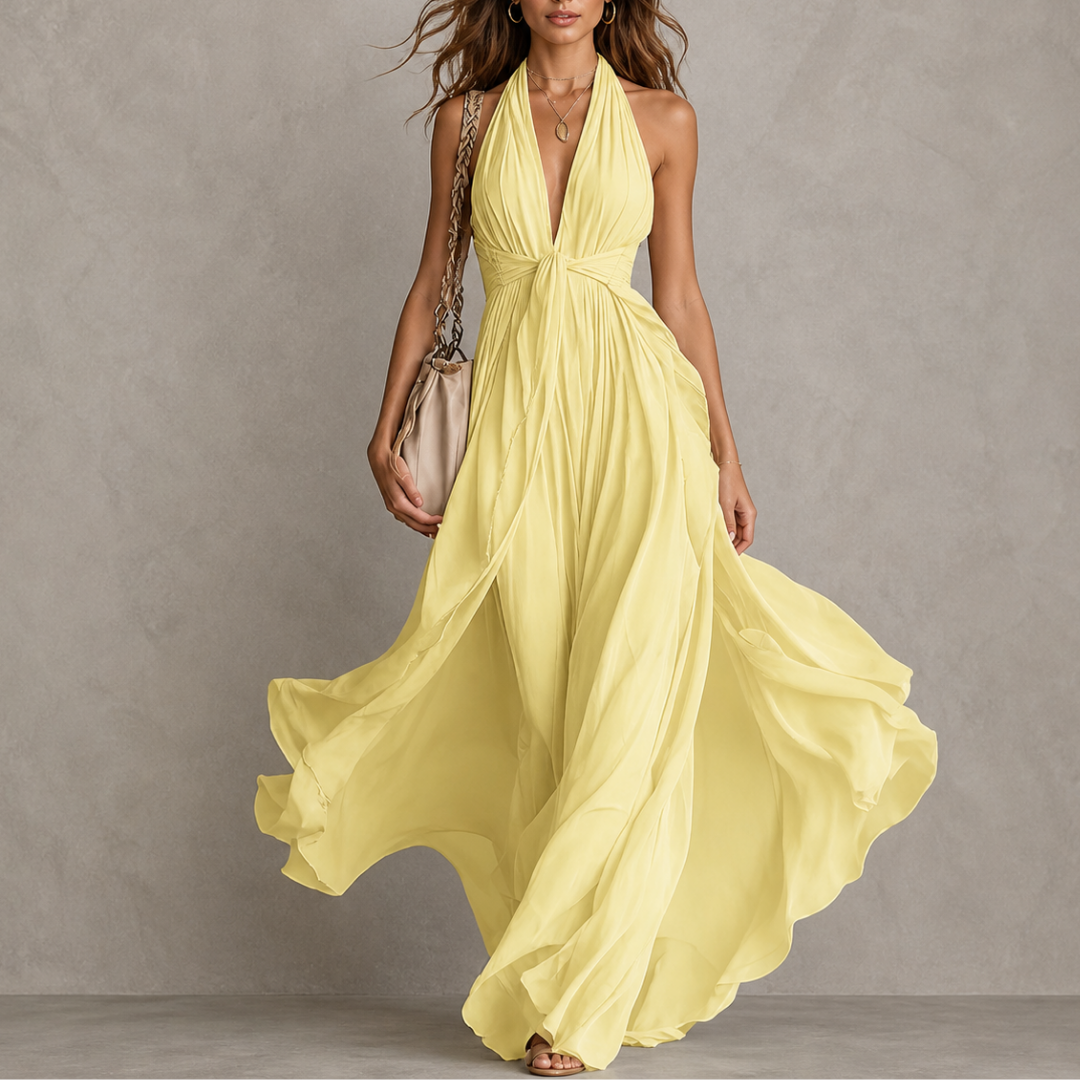 Halter Neck Deep V-Neck Twist Front Flowy Maxi Dress 3
