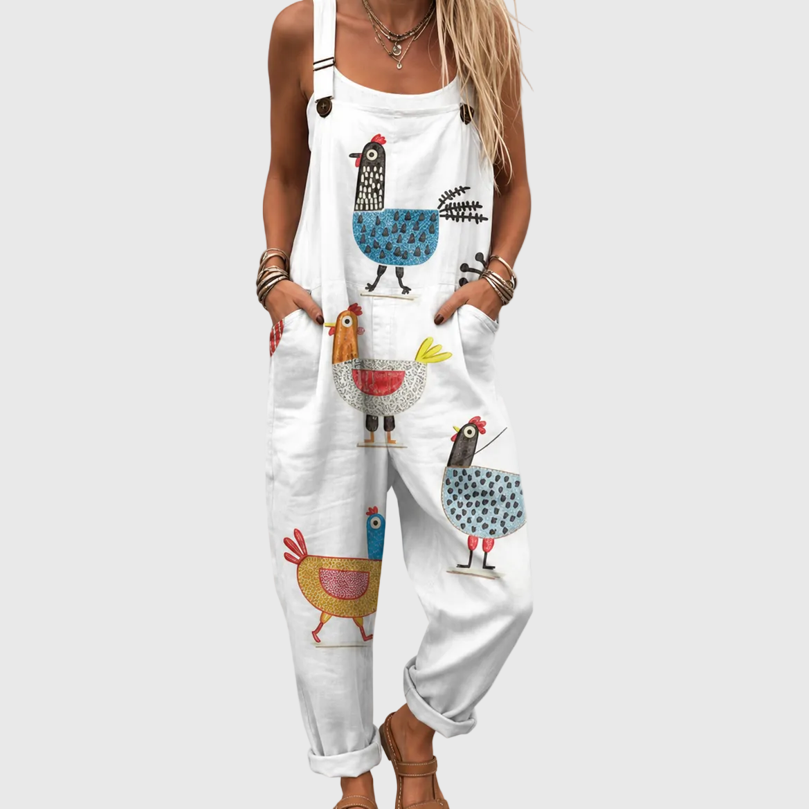 Folk Chicken Print Adjustable Strap Overall Jumpsuit