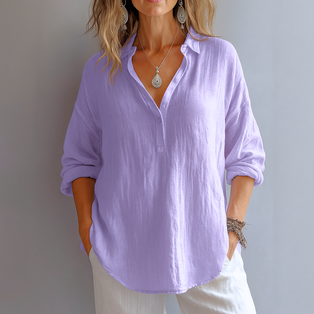 Collared Half Button Long Sleeve Linen Blouse 4