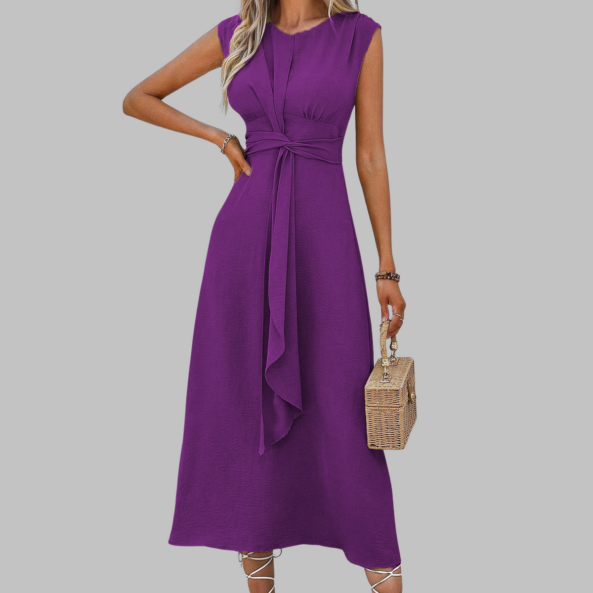 Sleeveless Round Neck Tie Waist A-Line Midi Dress 9