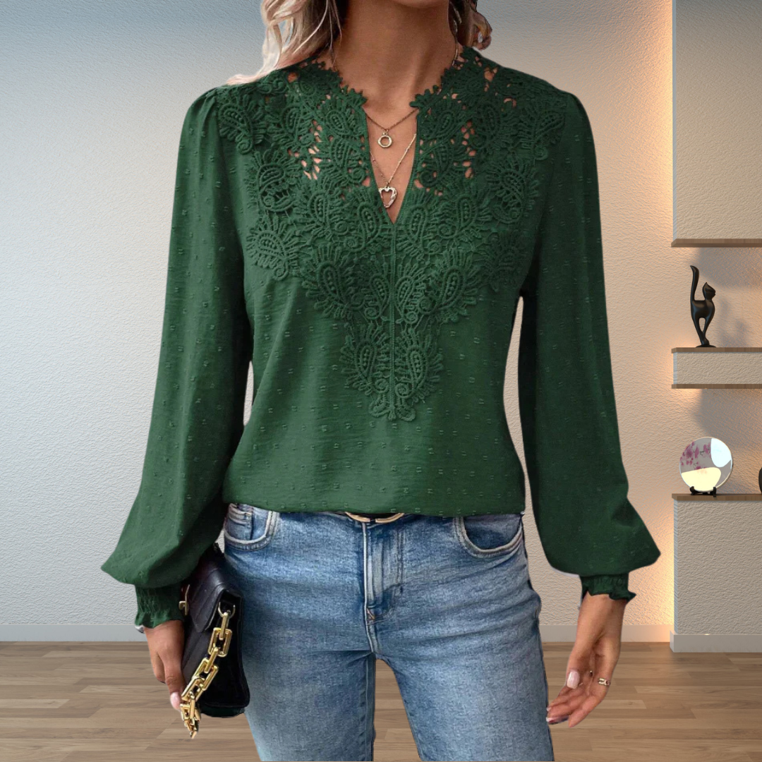 Lace Applique V-Neck Long Sleeve Swiss Dot Blouse 6