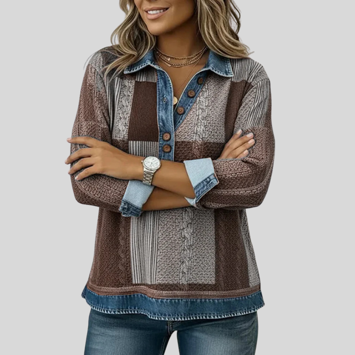 Patchwork Plaid Collared Quarter Button Long Sleeve Knit Pullover 9
