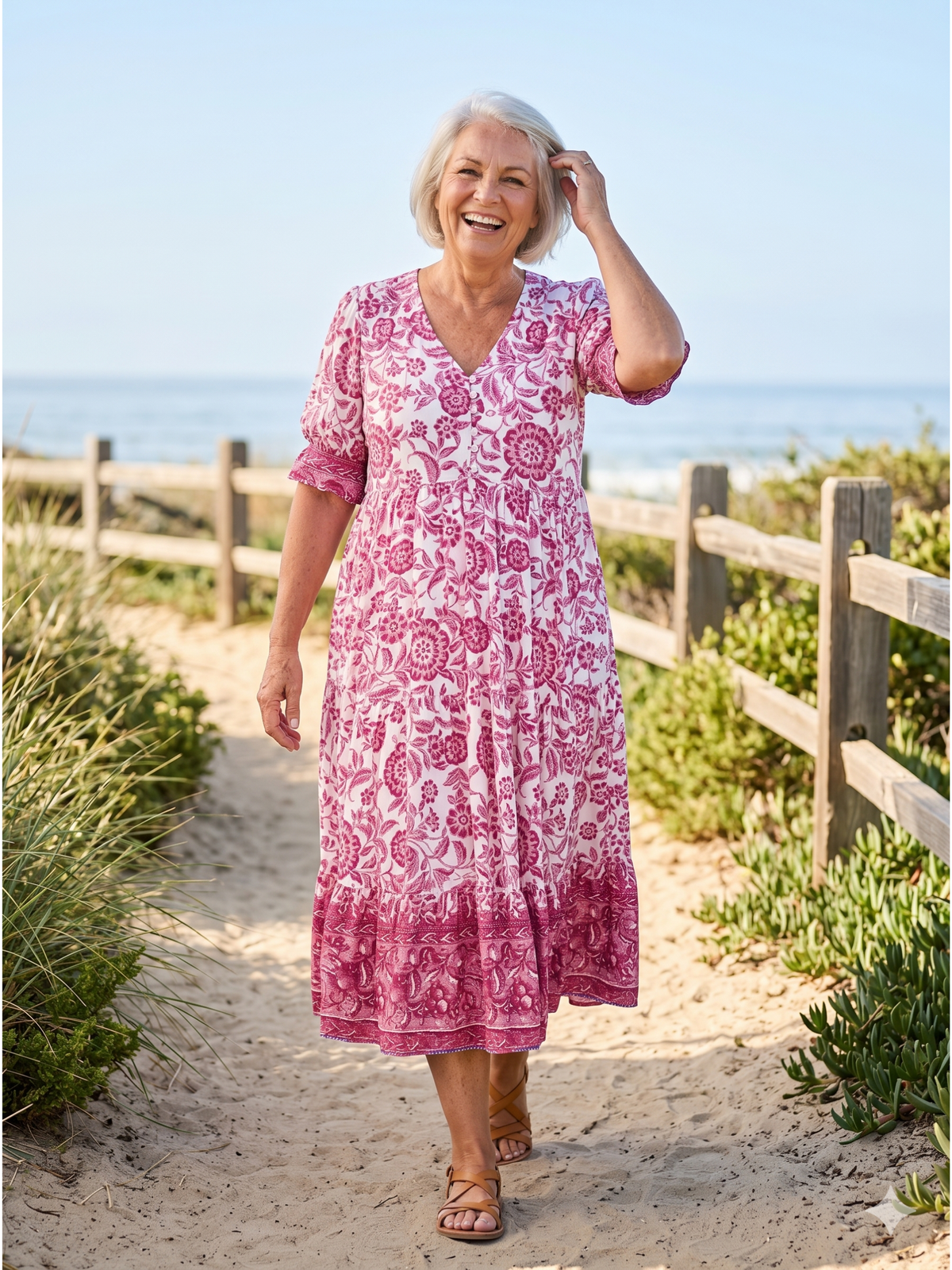 Floral V-Neck Half Sleeve Tiered Midi Dress 3