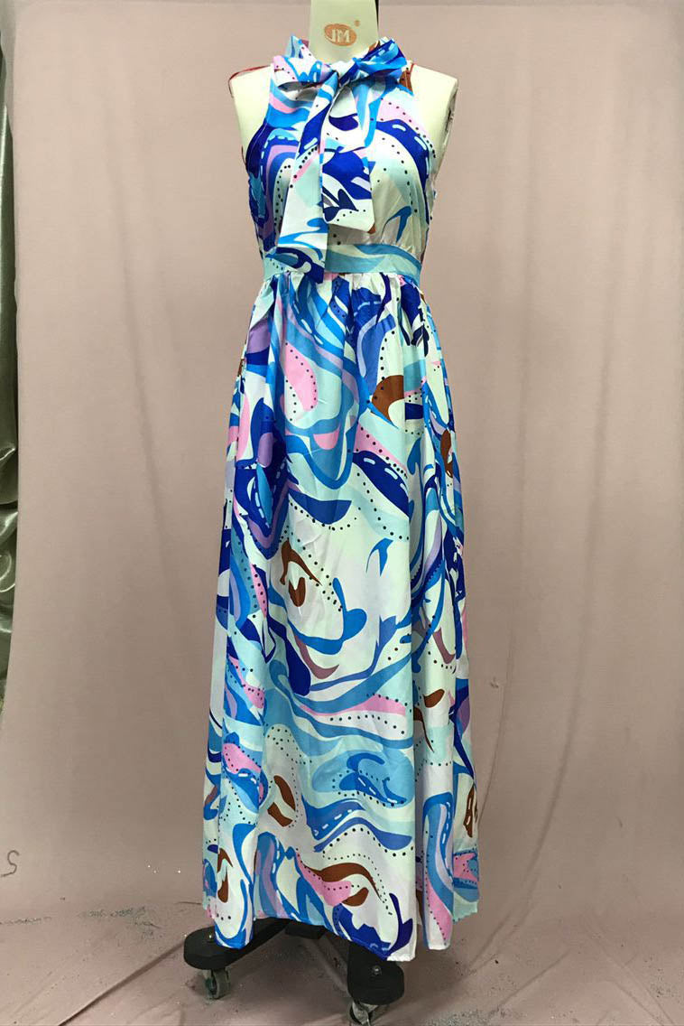 Halter Tie Neck Sleeveless Flowy Maxi Dress