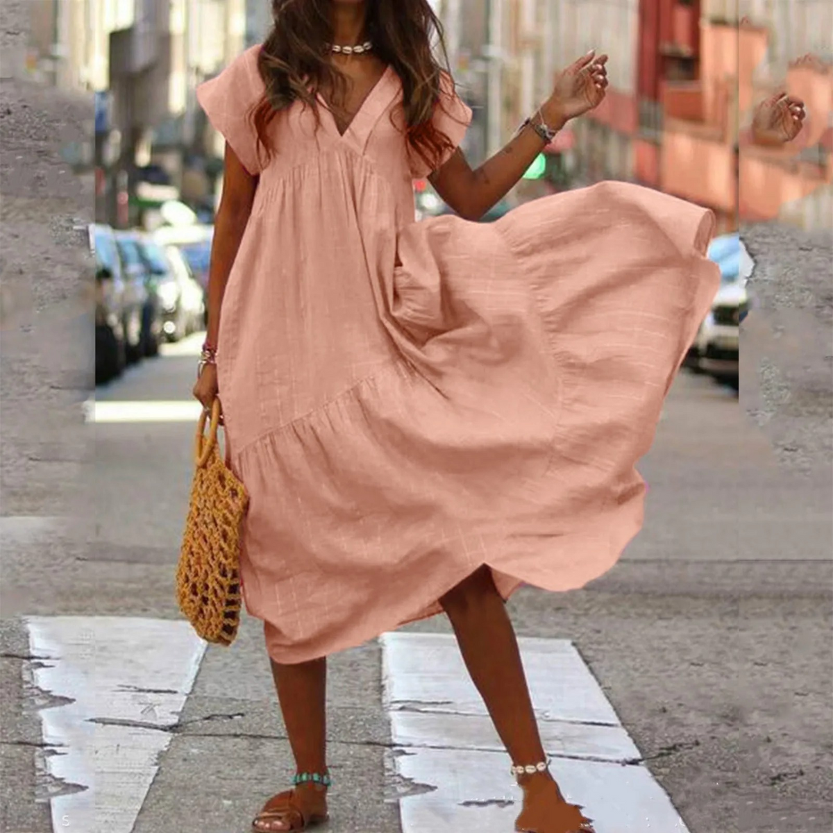 V-Neck Flutter Sleeve Tiered Ruffle Smock Midi Dress - View 4