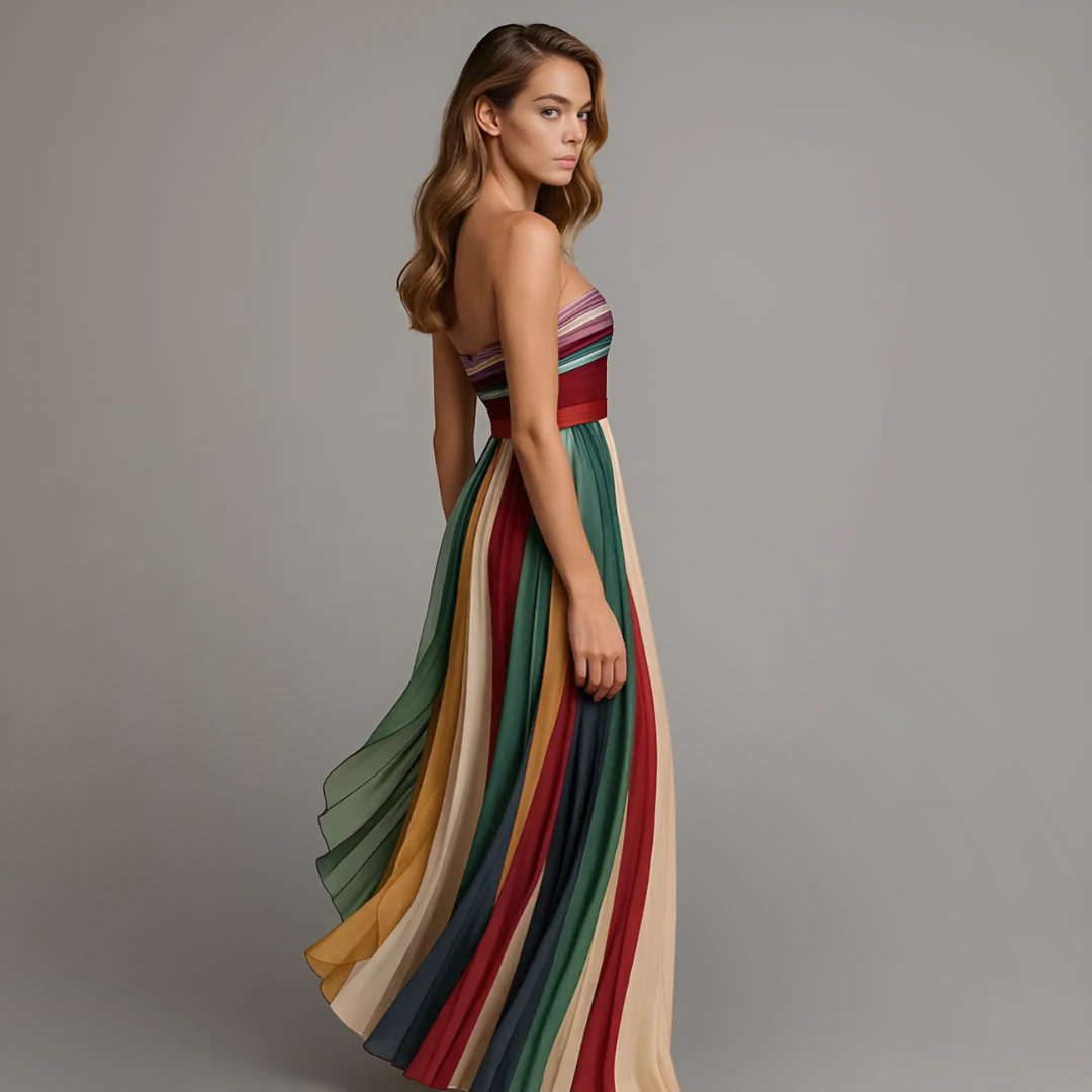 Striped Strapless Sweetheart Pleated Maxi Dress 6
