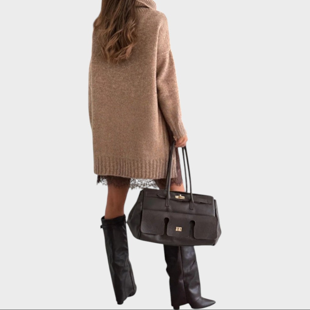 Turtleneck Oversized Sweater and Lace Slip Dress Two Piece Set 11