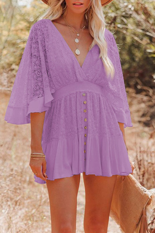 Floral Lace V-Neck Flutter Sleeve Button Front Tiered Mini Dress 7