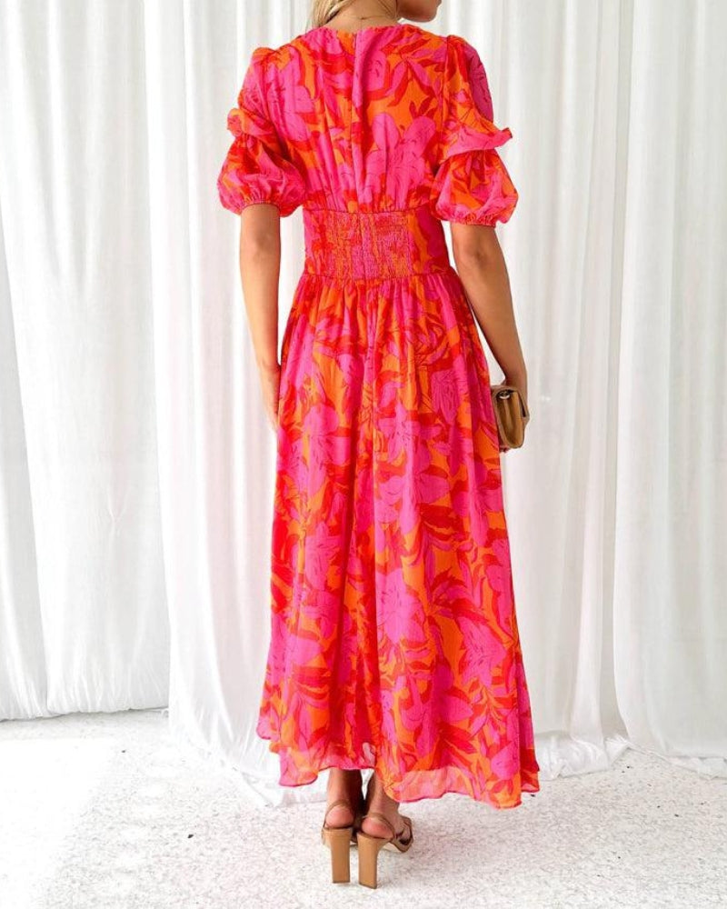 Floral Print V-Neck Puff Sleeve Button Front Midi Dress 6