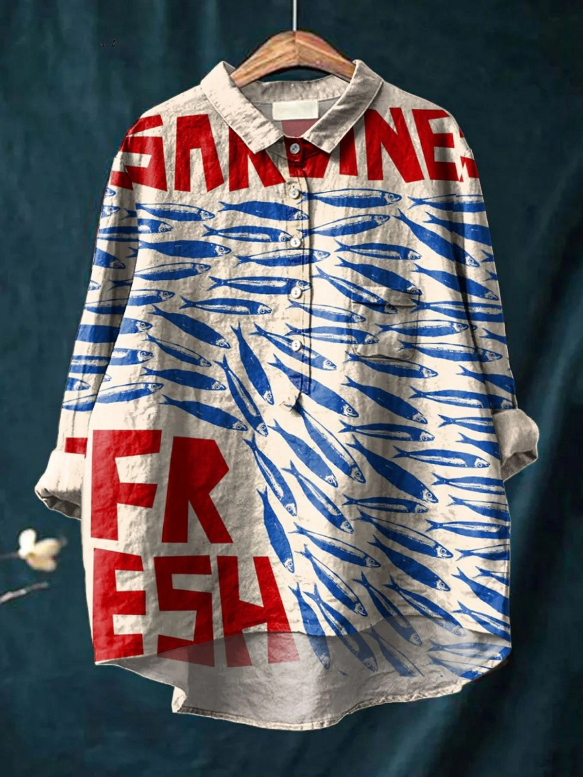 Sardine Fish Print Long Sleeve Button Front Shirt