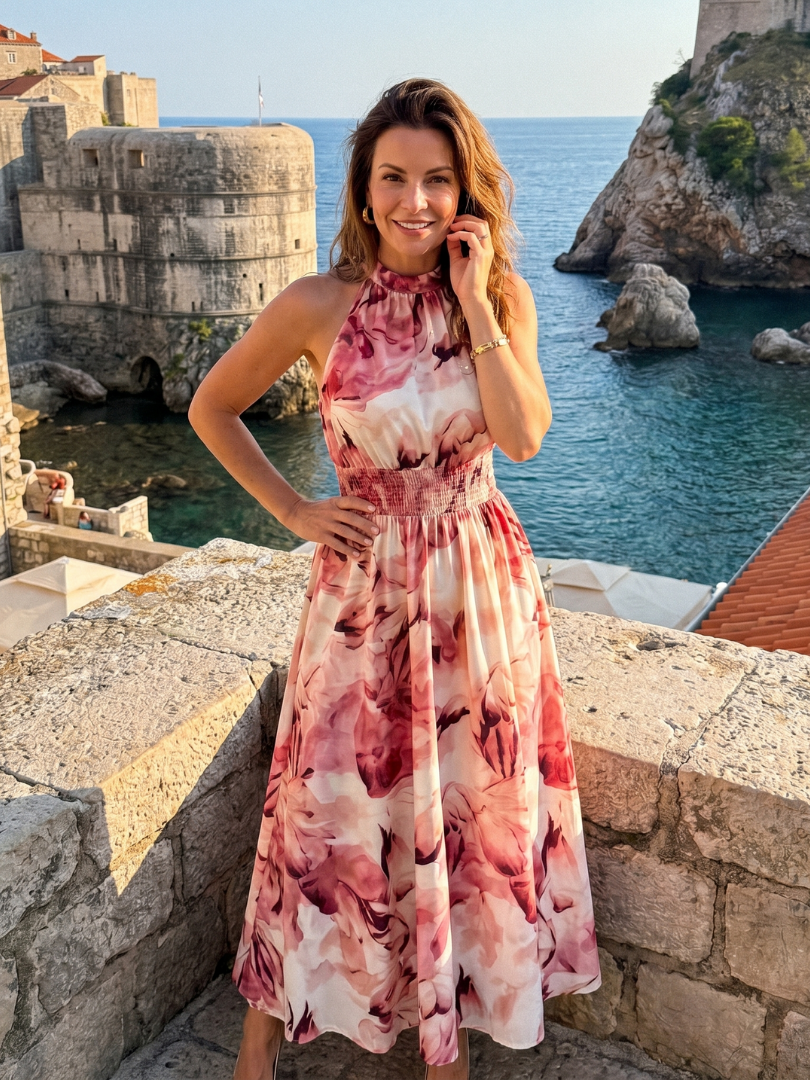 Halter Neck Smocked Waist Floral Print Maxi Dress 9