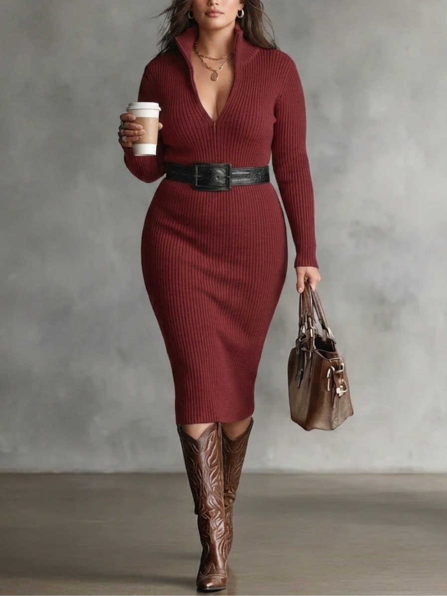 High Neck Deep V-Neck Long Sleeve Ribbed Knit Bodycon Midi Dress 2