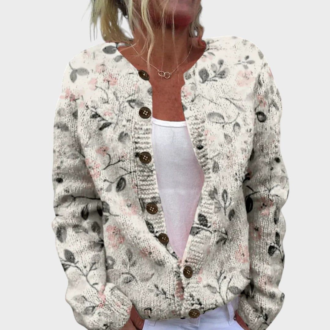 Floral Print Round Neck Button Front Cardigan