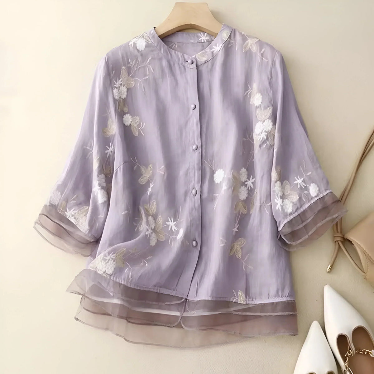 Stand Collar Floral Embroidered Sheer Button Front Blouse 8